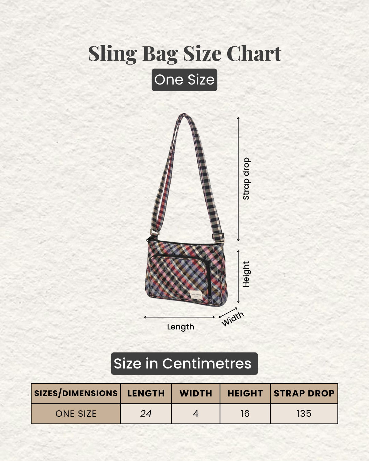 Sling bag size chart with dimensions on a textured gray background