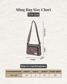 Sling bag size chart with dimensions on a textured gray background
